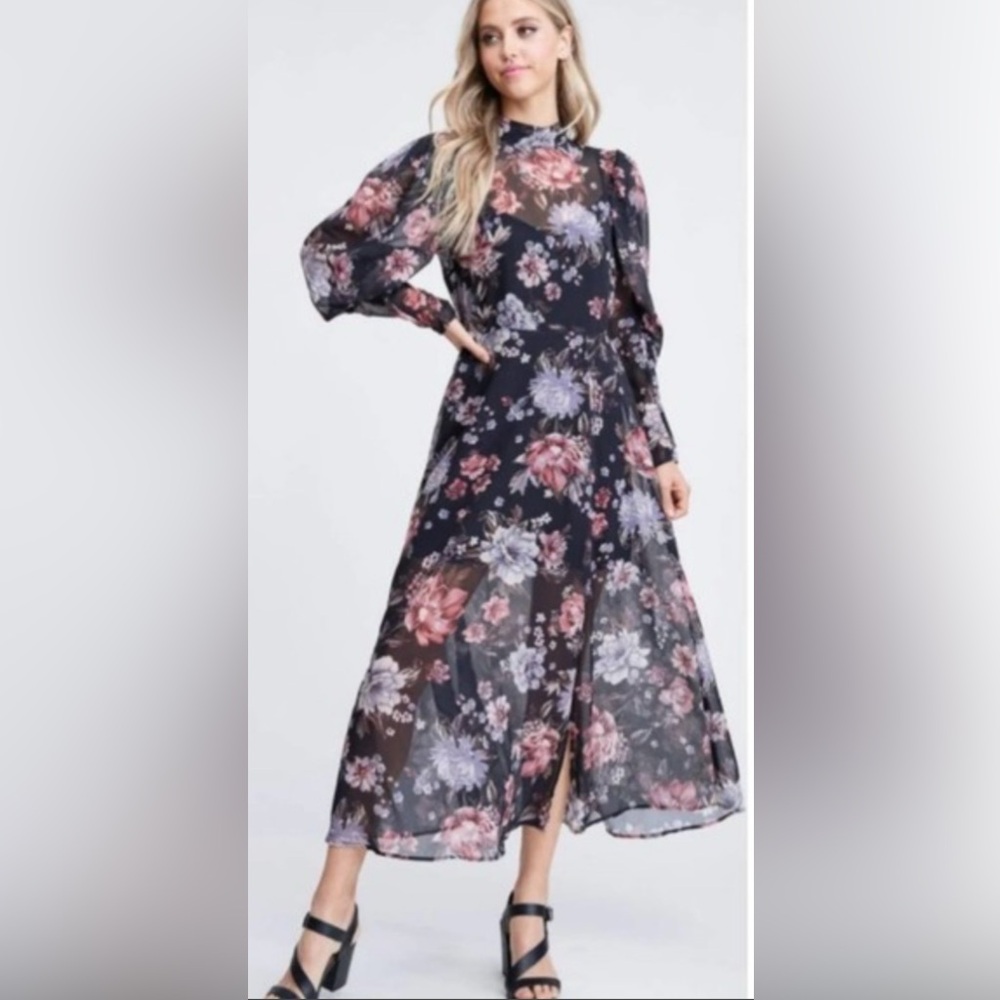 En Saison Black and Pink large Floral print puff bishop sleeve Long Sleeve Dress